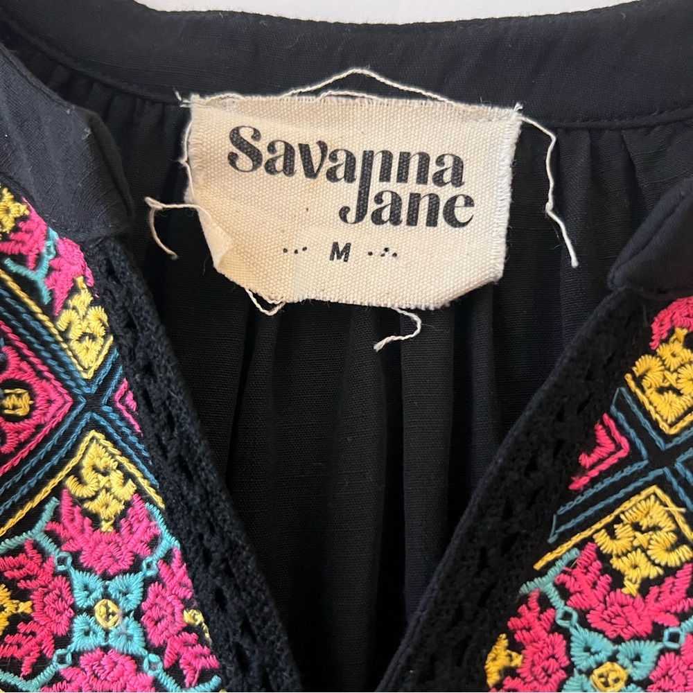 Savanna Jane Embroidered Blouse Peasant Floral Mexican Bohemian Women's M Black - Picture 3 of 7